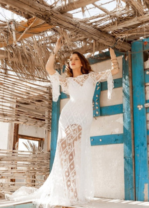 Bateau Neck Ivory Lace Open Back Bohemian Wedding Dress